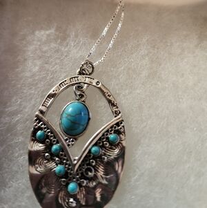 .925 Italy Sterling Silver 18" Long Necklace, and Simulated Turquoise Pendant